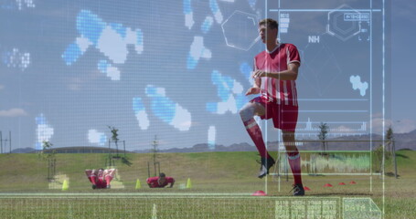 Image of interface with medical structure over male players exercising on playground