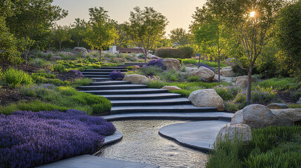 Obraz premium serene landscape featuring tranquil waterway, lush greenery, and vibrant flowers