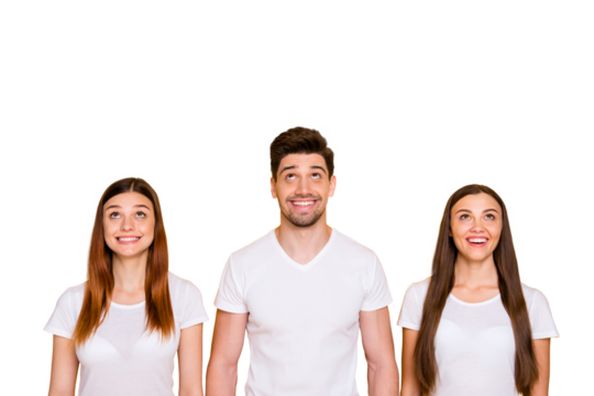 Portrait of charming man women looking up smiling wearing white t-shirt isolated over yellow background