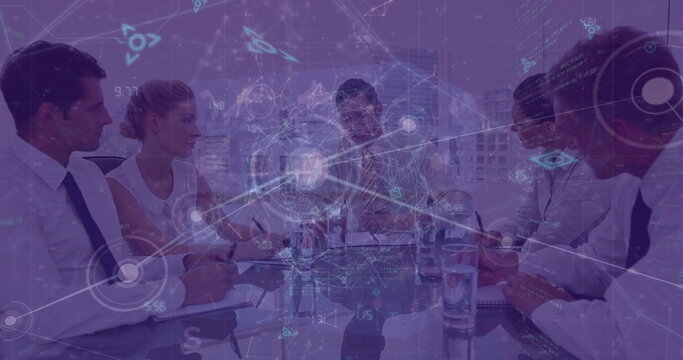 Image of programming code, connecting dots over angry man shouting on coworkers in meeting