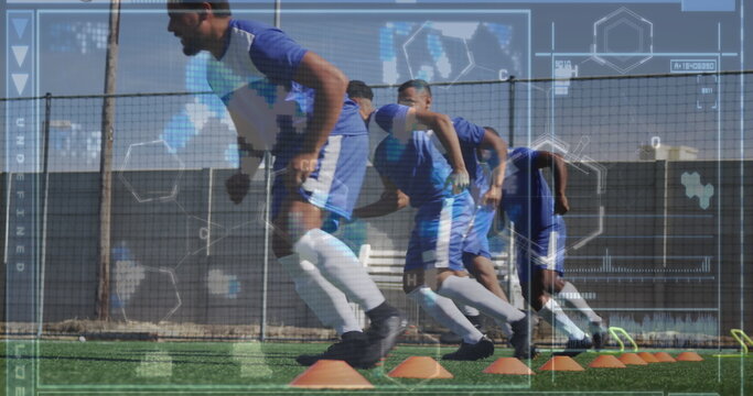 Image of screen with biological data over diverse male soccer players during training