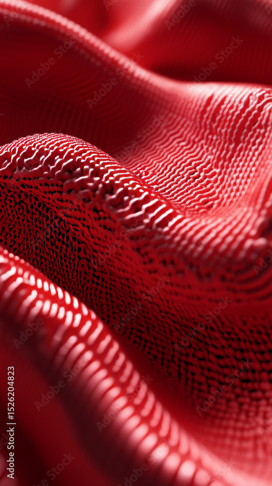 Poster an abstract close-up of vibrant red textured fabric with subtle waves and relief patterns. the inter