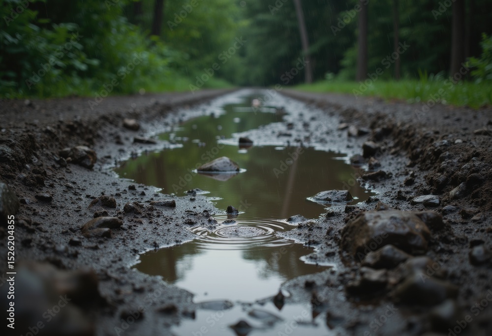Poster muddy path with wheelbarrow tracks and rain puddles in a serene forest setting