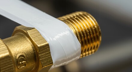 Close-up of white PTFE thread seal tape being applied to a brass pipe fitting. Plumbing repair and installation for creating a secure, leak-proof connection.