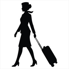 a flight attendant walking confidently while pulling a rolling suitcase