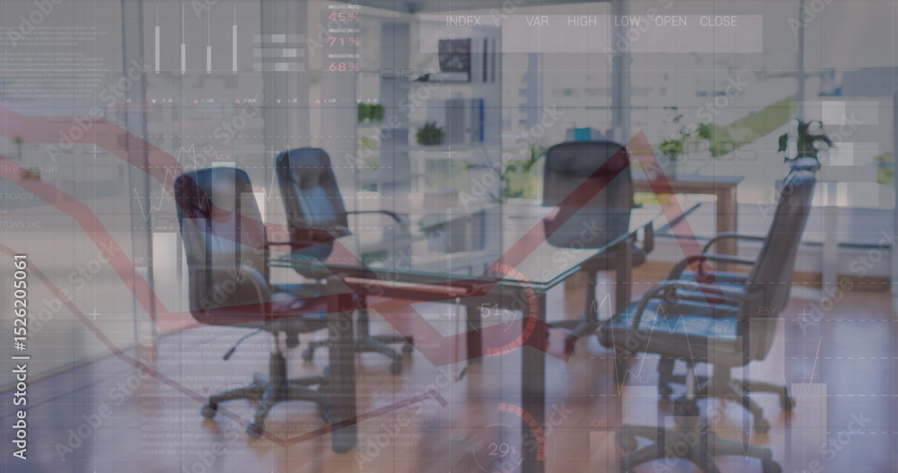 Poster image of statistics and financial data processing over table in office