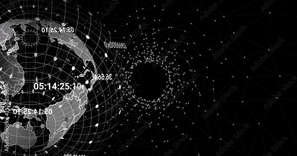 Poster image of globe with connections and coordinates over black digital space