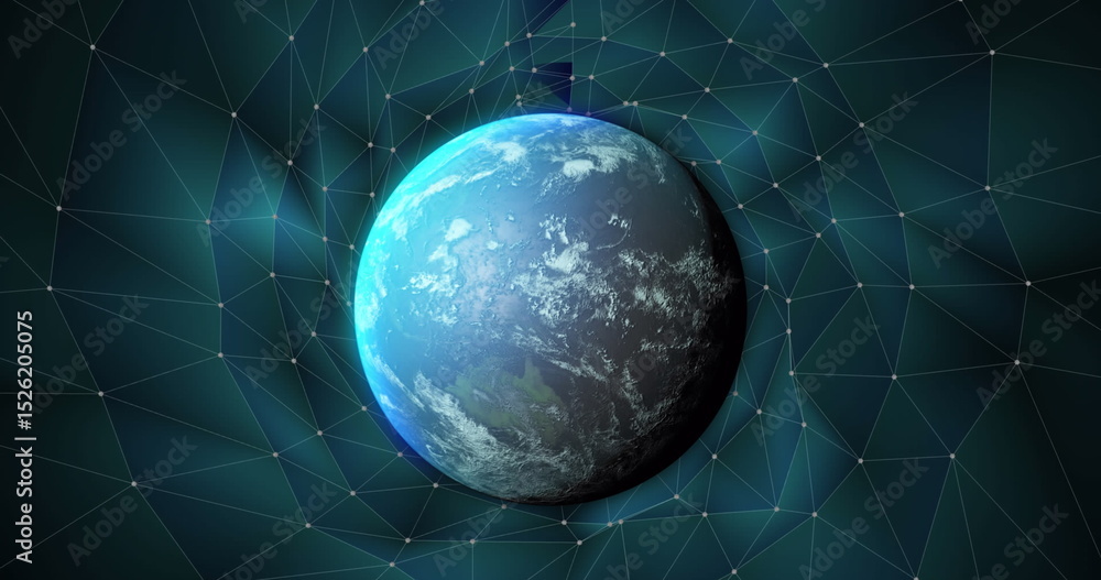 Poster image of globe with world map and data over digital space with connections