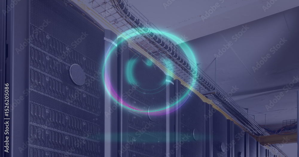 Poster image of neon circle with power button over servers
