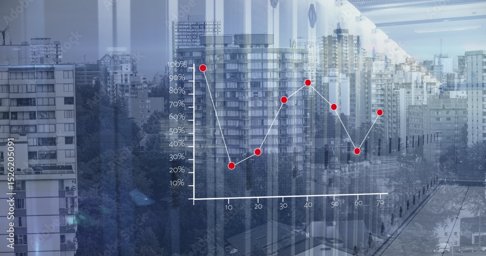 Poster image of statistics and data processing over cityscape and computer servers