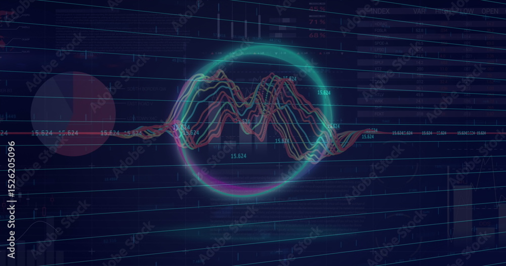 Poster image of neon circle over graphs and data on navy background
