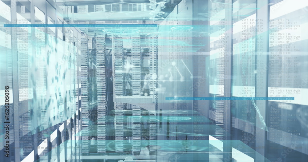 Poster image of dna strand, data processing over computer servers