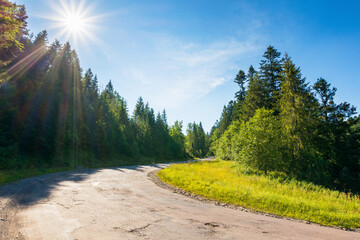 pass through green coniferous forest. sun on the blue sky. old road in carpathian mountains. volovets district of transcarpathia region, ukraine. travel landscape in summer on a sunny day