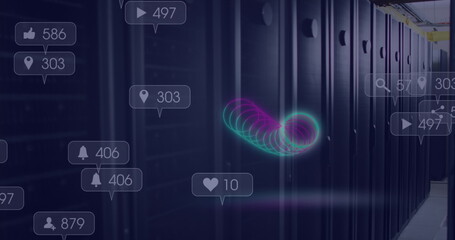 Image of neon circles and social media reactions over servers