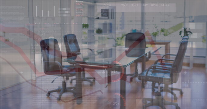 Image of statistics and financial data processing over table in office