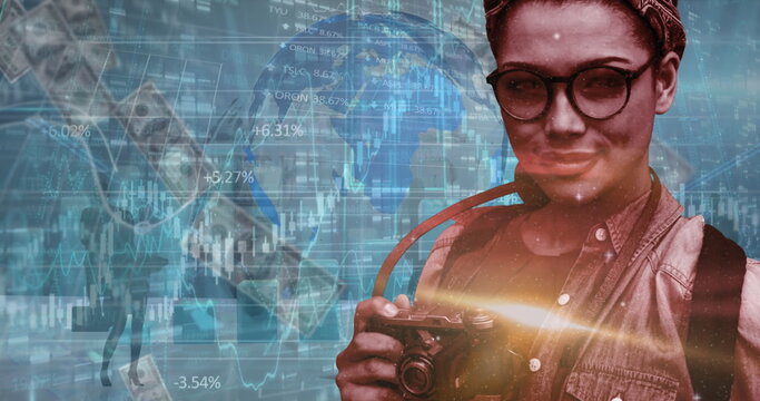 Image of statistics and financial data processing over caucasian woman - Powered by Adobe
