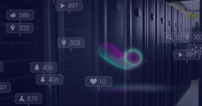 Image of neon circles and social media reactions over servers - Powered by Adobe