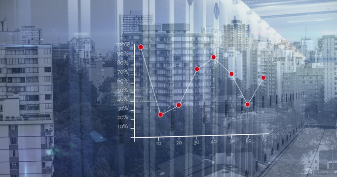 Image of statistics and data processing over cityscape and computer servers