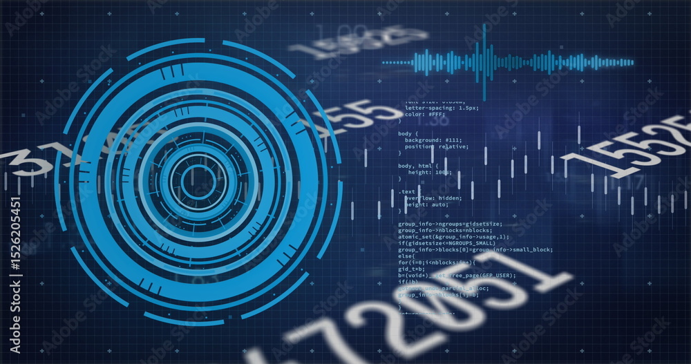 Poster image of numbers, processing circle and financial data on digital screen