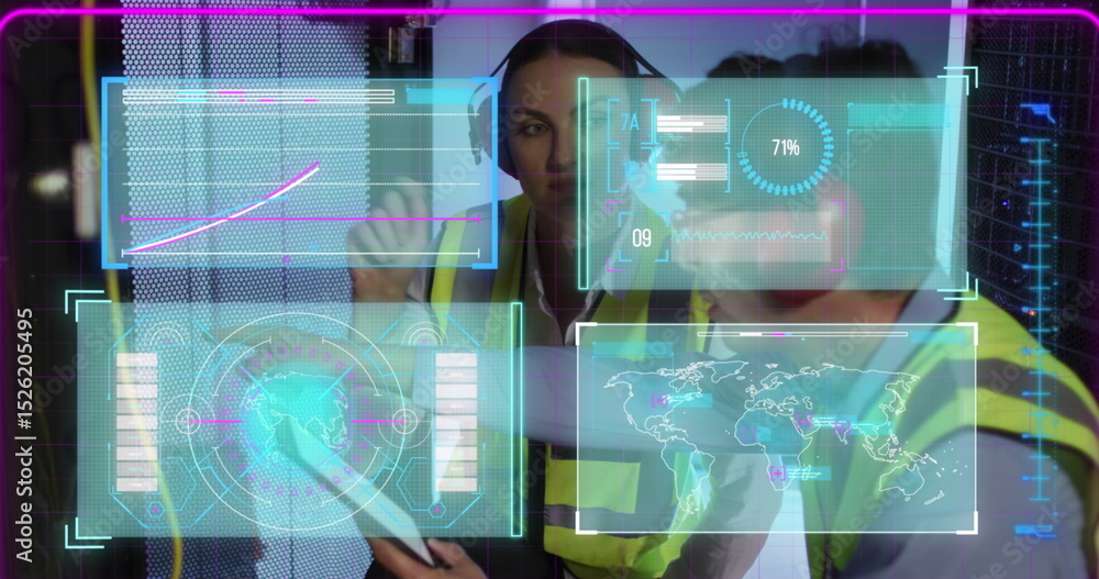 Aufkleber image of data processing over diverse workers in server room