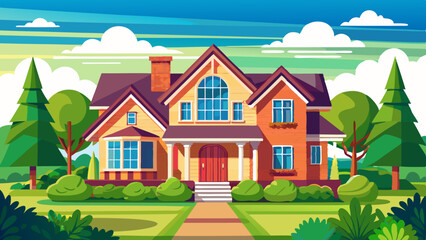 Naklejka premium house in the forest Beautiful House with Garden and Trees - Vibrant Vector Illustration