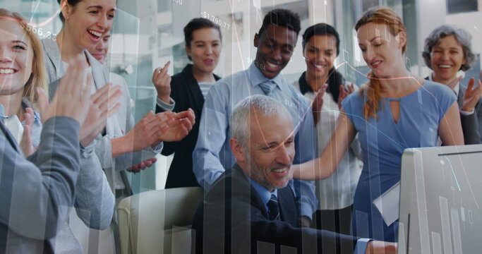 Image of graphs over diverse businesspeople working in office