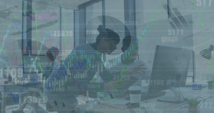 Image of data processing over diverse business people at office
