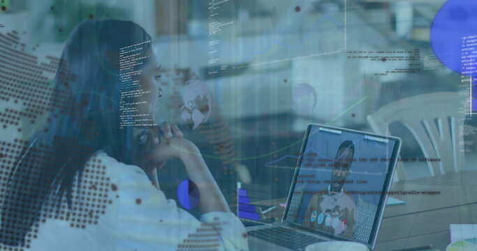 Image of data processing over businesswoman having laptop image call with colleague - Powered by Adobe