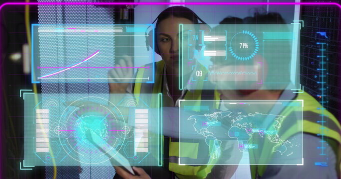 Image of data processing over diverse workers in server room