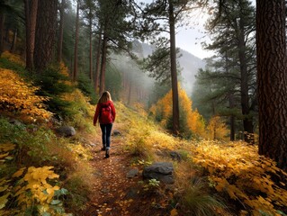 Adventurous hiker exploring vibrant autumn forest trail.