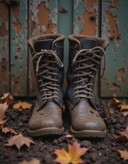 Muddy boots resting by a barn wall, surrounded by scattered leaves