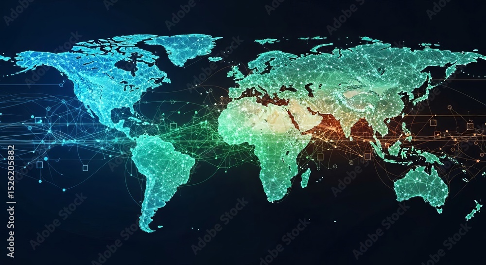 Poster futuristic digital map depicting global network connections. concept of international networking and