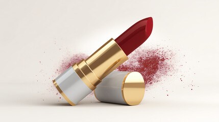 A lipstick promotional poster featuring a lipstick in a rich, true red shade. The packaging is highlighted by silver, gold, and white colors, exuding a sense of luxury