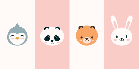 Cute animal faces vector illustration featuring a smiling penguin, curious panda, serious bear, and cheerful rabbit. Perfect for children's designs and educational materials.