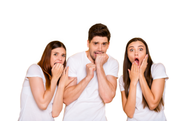 Portrait of three nice-looking attractive lovely nervous devastated miserable frustrated person expressing fear grief omg isolated over bright vivid shine yellow background