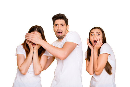 Portrait of three nice attractive lovely nervous devastated frustrated person expressing fear sorrow omg disgust crying isolated over bright vivid shine yellow background - Powered by Adobe