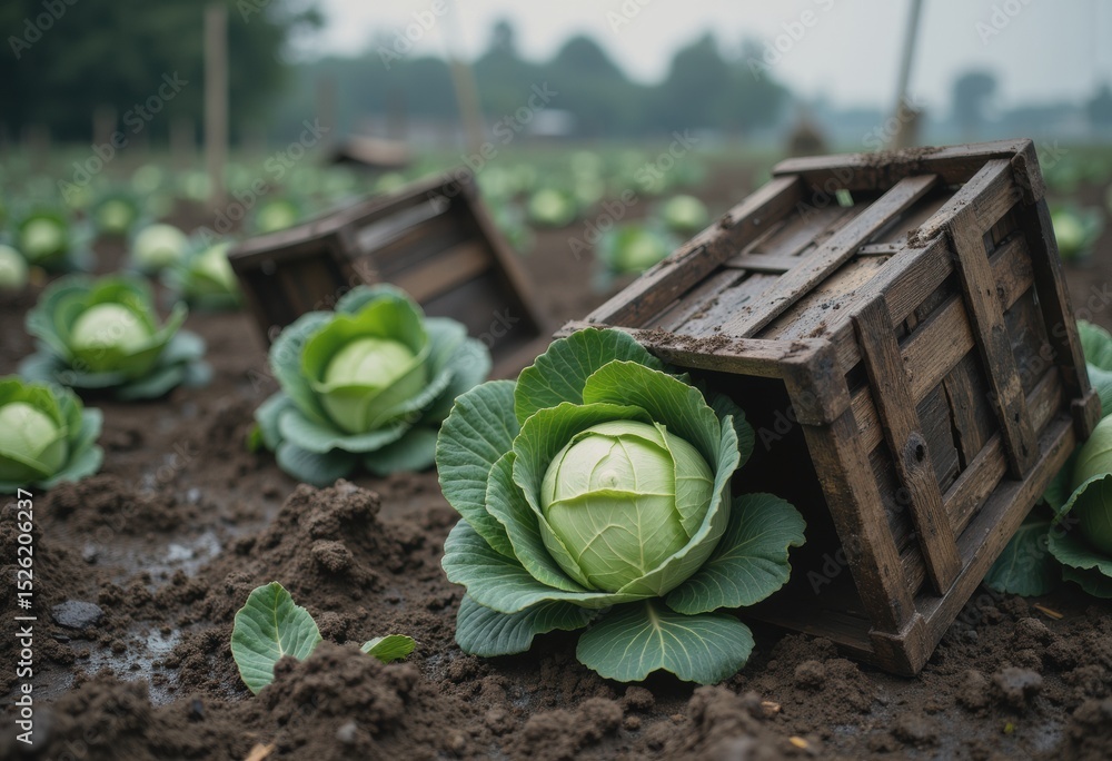 Poster overturned wooden crates with wet cabbages in muddy field