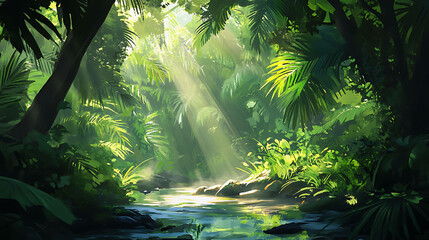 Lush rainforest with sunlight streaming through the leaves