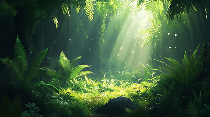 Lush rainforest with sunlight streaming through the leaves