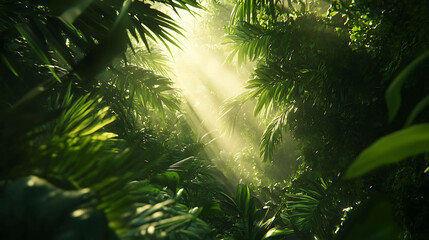 Lush rainforest with sunlight streaming through the leaves