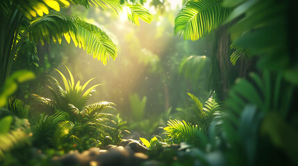 Lush rainforest with sunlight streaming through the leaves