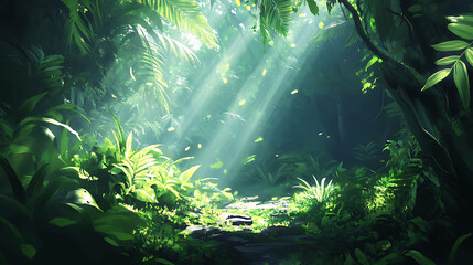 Lush rainforest with sunlight streaming through the leaves