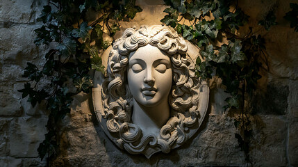 Marble sculpture of a goddess with intricate details, surrounded by ivy vines in a dimly lit museum hall