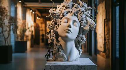Marble sculpture of a goddess with intricate details, surrounded by ivy vines in a dimly lit museum hall