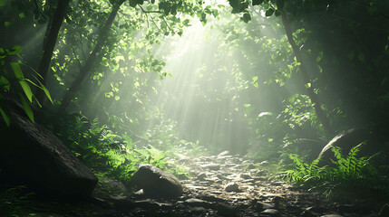 Lush rainforest with sunlight streaming through the leaves