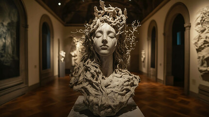 Marble sculpture of a goddess with intricate details, surrounded by ivy vines in a dimly lit museum hall