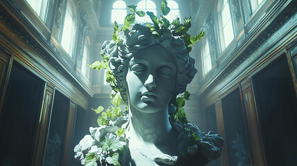 Marble sculpture of a goddess with intricate details, surrounded by ivy vines in a dimly lit museum hall