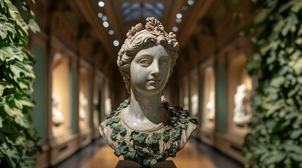 Marble sculpture of a goddess with intricate details, surrounded by ivy vines in a dimly lit museum hall