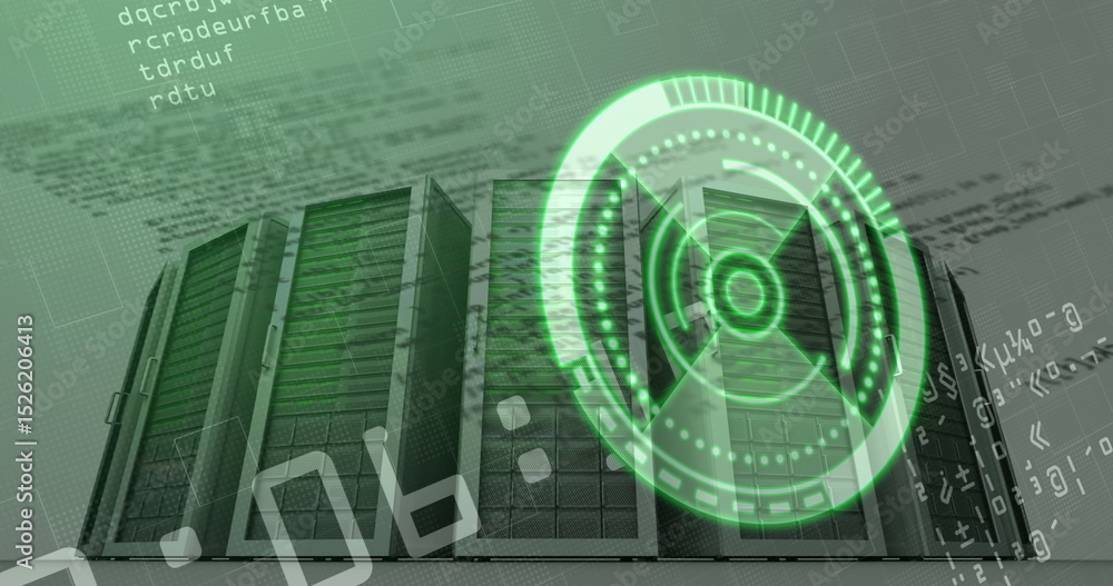 Poster showing four perforated server racks streaming code in data center, with green holographic overlay