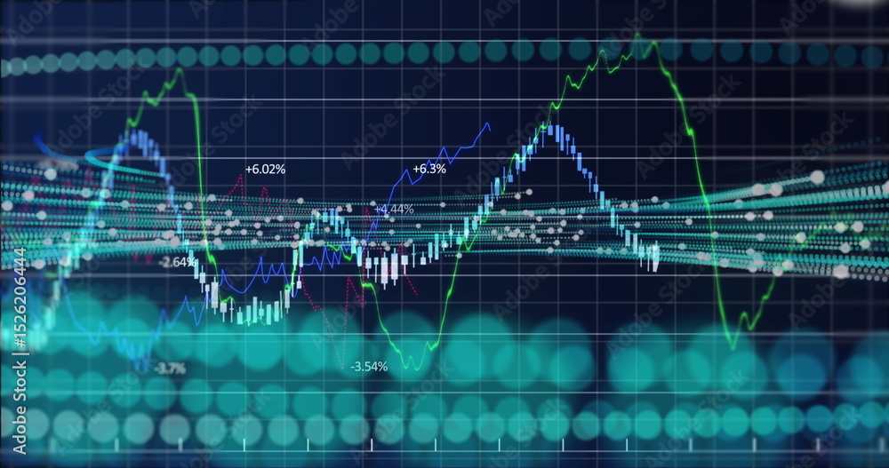 Poster image of scope scanning and financial data processing over black background